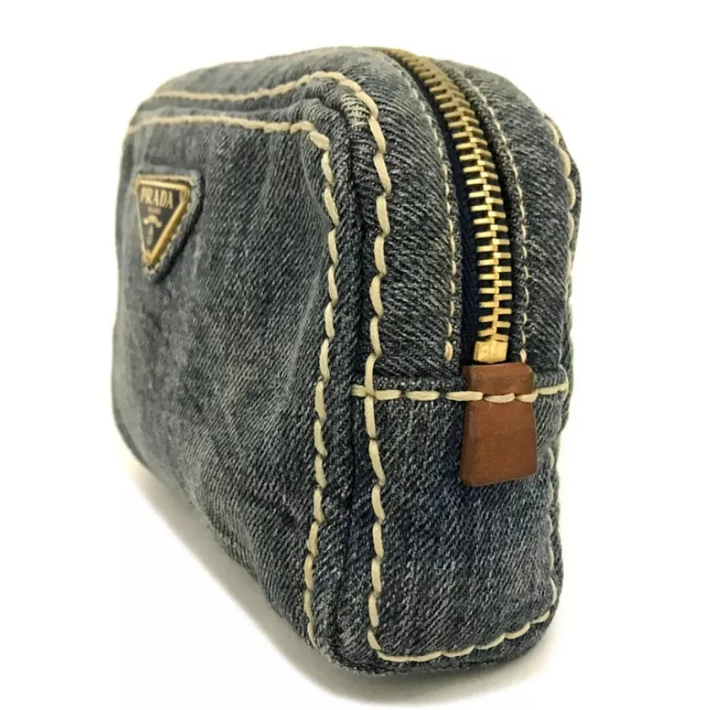 PRADA LOGO PLATE DENIM COSMETIC POUCH BAG BLUE - Picture 3 of 12